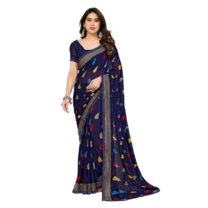 Generic Women's Georgette Printed Saree With Unstitched Blouse 5.5Mtr (Navy Blue)