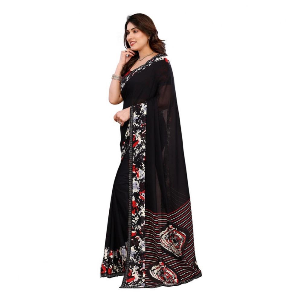 Generic Women's Georgette Printed Saree With Unstitched Blouse 5.5Mtr (Black) - Image 4