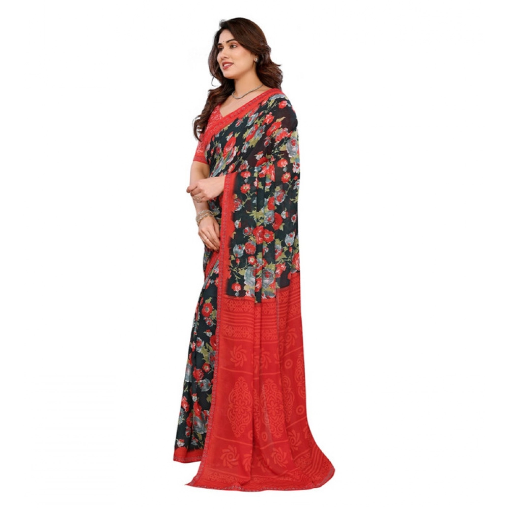 Generic Women's Georgette Printed Saree With Unstitched Blouse 5.5Mtr (Green) - Image 4