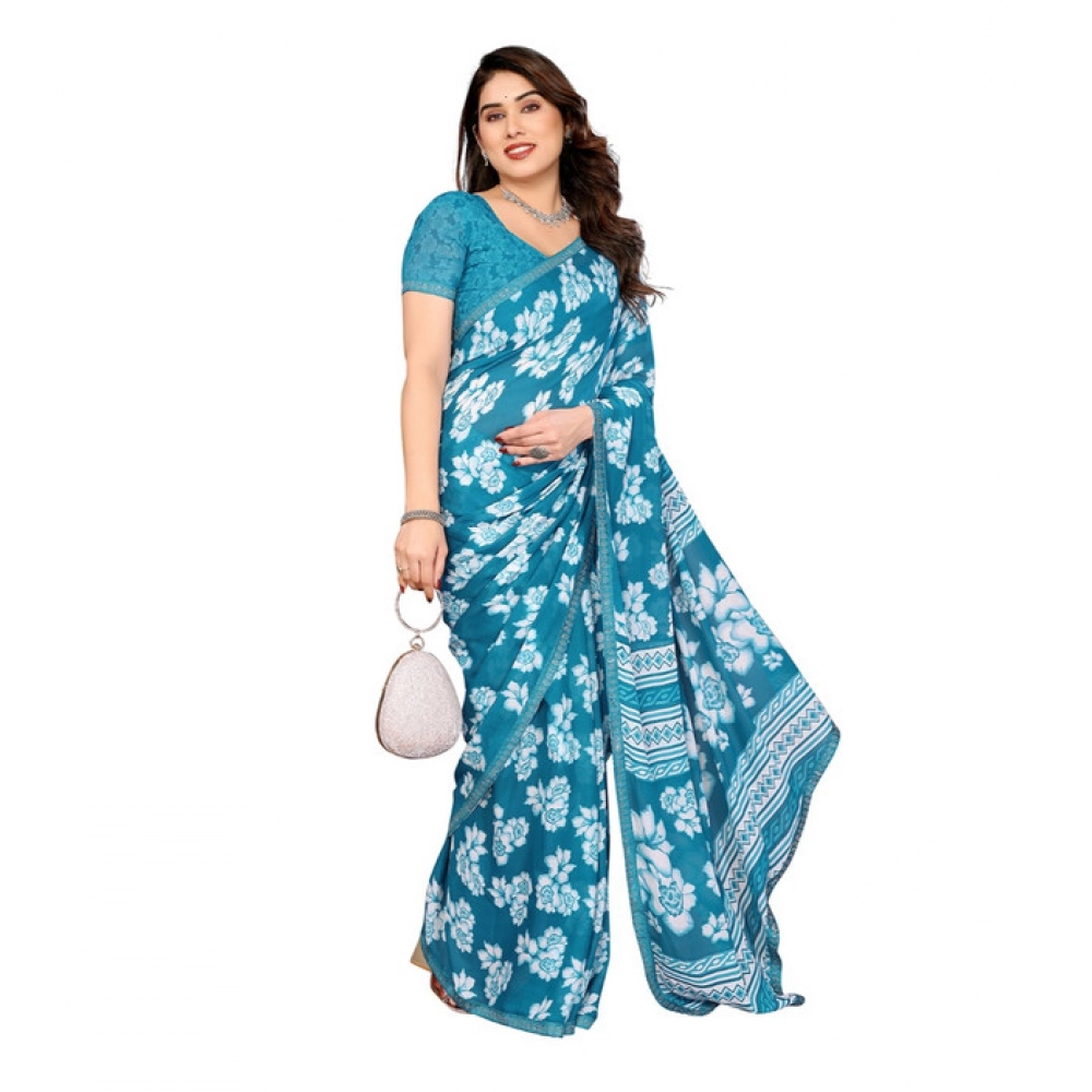 Generic Women's Georgette Printed Saree With Unstitched Blouse 5.5Mtr (Sky Blue) - Image 2