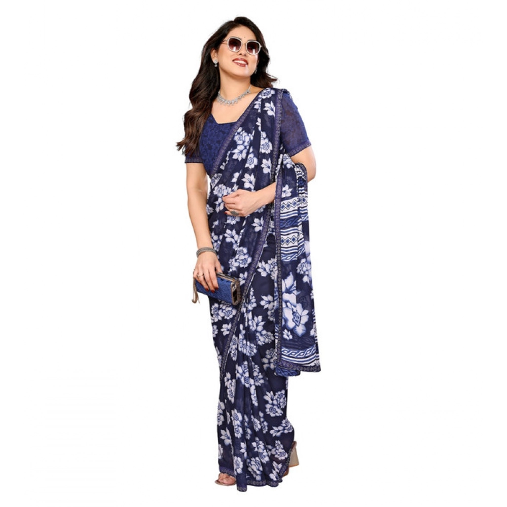 Generic Women's Georgette Printed Saree With Unstitched Blouse 5.5Mtr (Blue) - Image 2