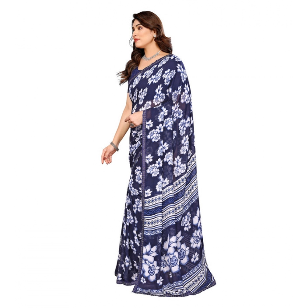 Generic Women's Georgette Printed Saree With Unstitched Blouse 5.5Mtr (Blue) - Image 4