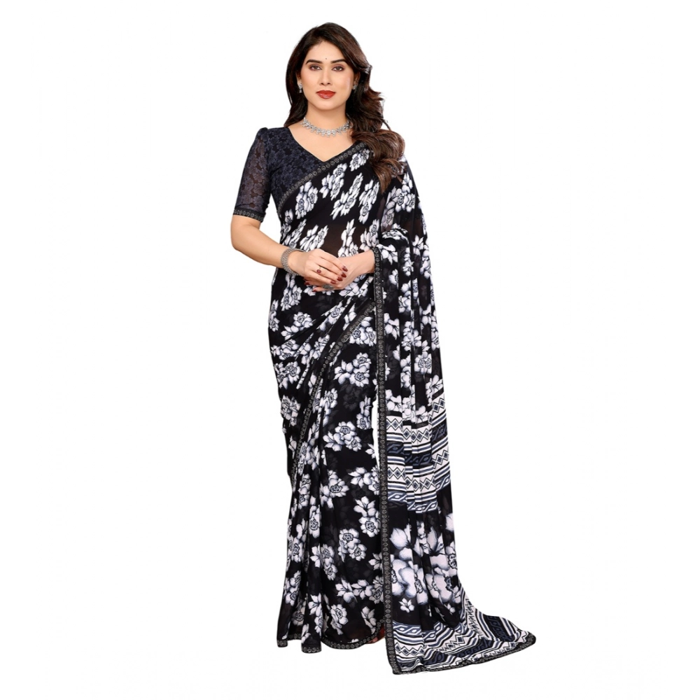 Generic Women's Georgette Printed Saree With Unstitched Blouse 5.5Mtr (Black)