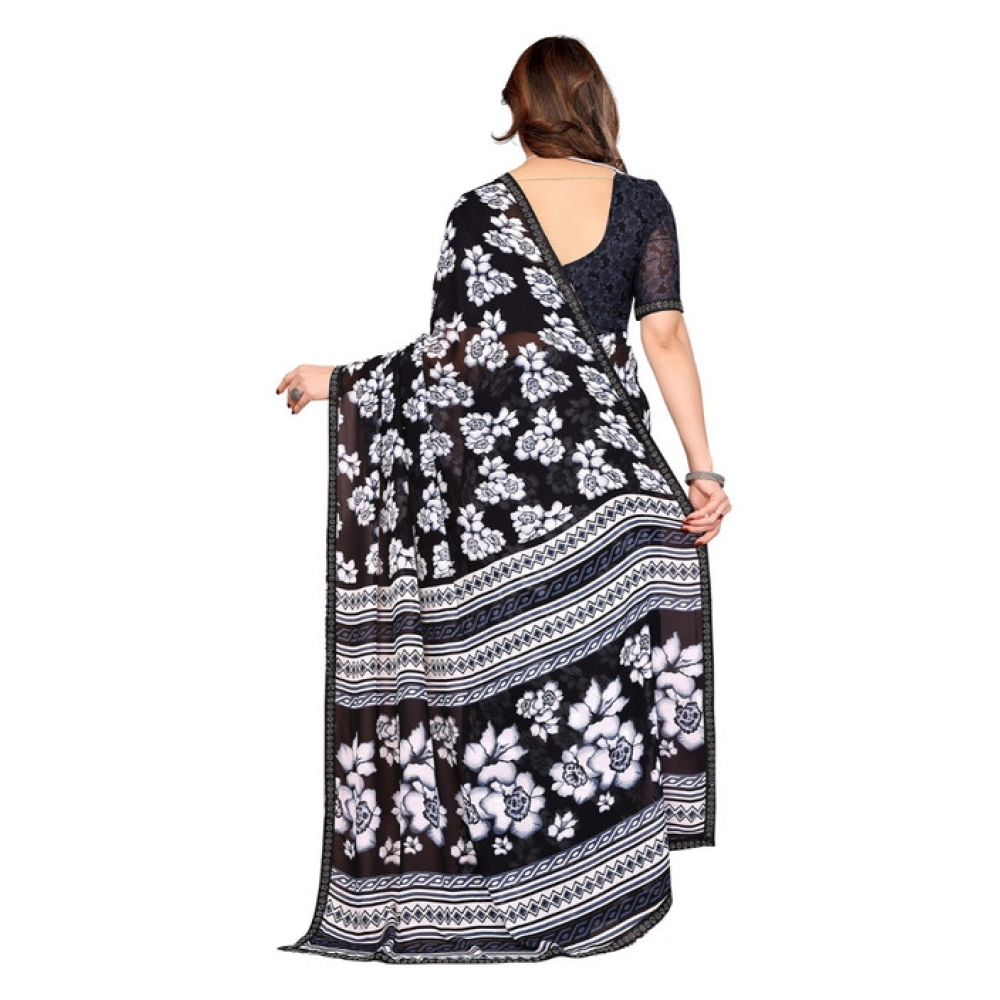 Generic Women's Georgette Printed Saree With Unstitched Blouse 5.5Mtr (Black) - Image 3