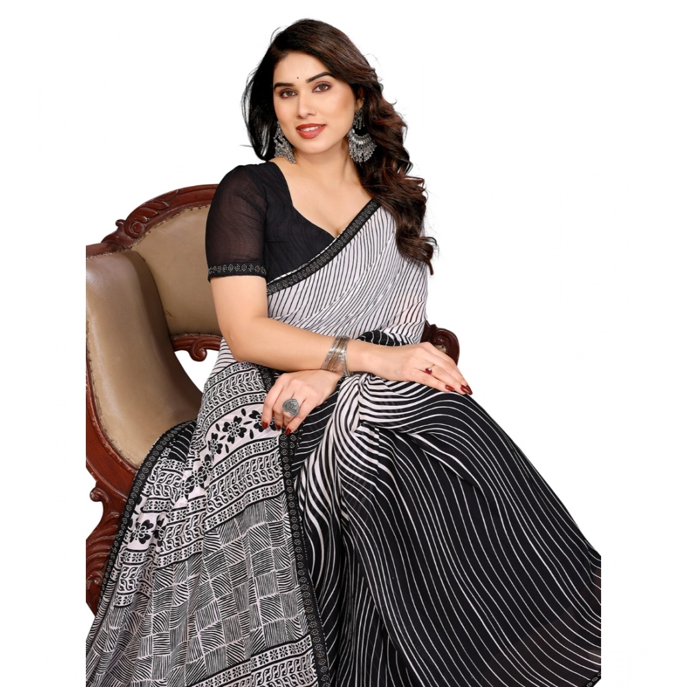 Generic Women's Georgette Printed Saree With Unstitched Blouse 5.5Mtr (Black) - Image 2