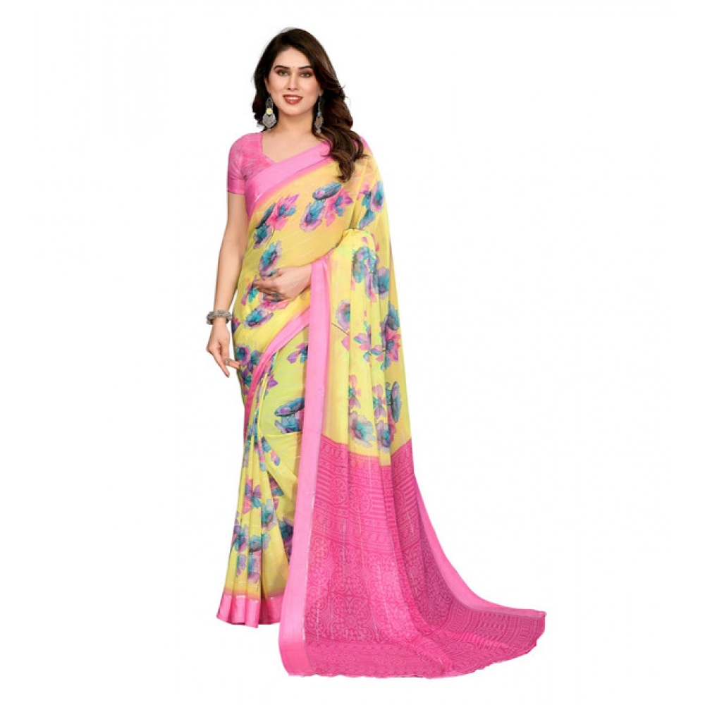 Generic Women's Georgette Printed Saree With Unstitched Blouse 5.5Mtr (Yellow)