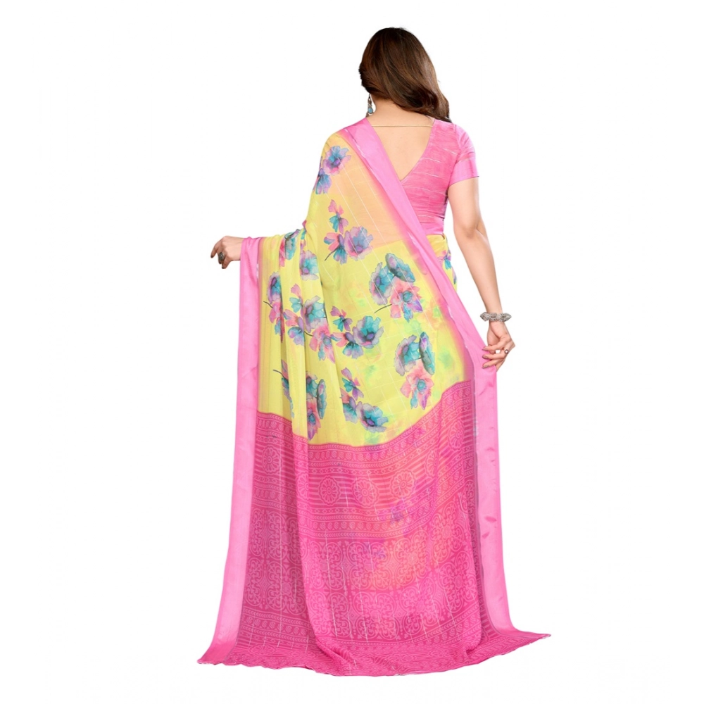 Generic Women's Georgette Printed Saree With Unstitched Blouse 5.5Mtr (Yellow) - Image 3