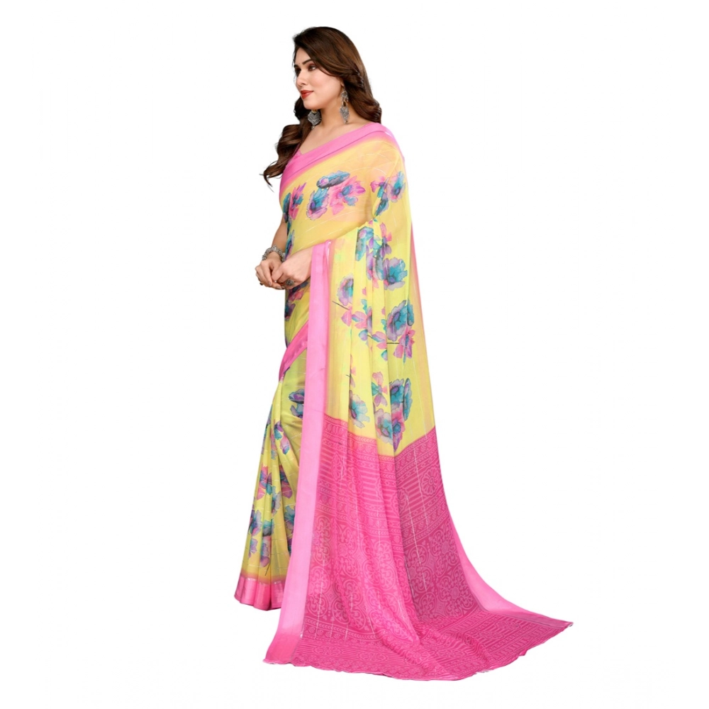 Generic Women's Georgette Printed Saree With Unstitched Blouse 5.5Mtr (Yellow) - Image 4