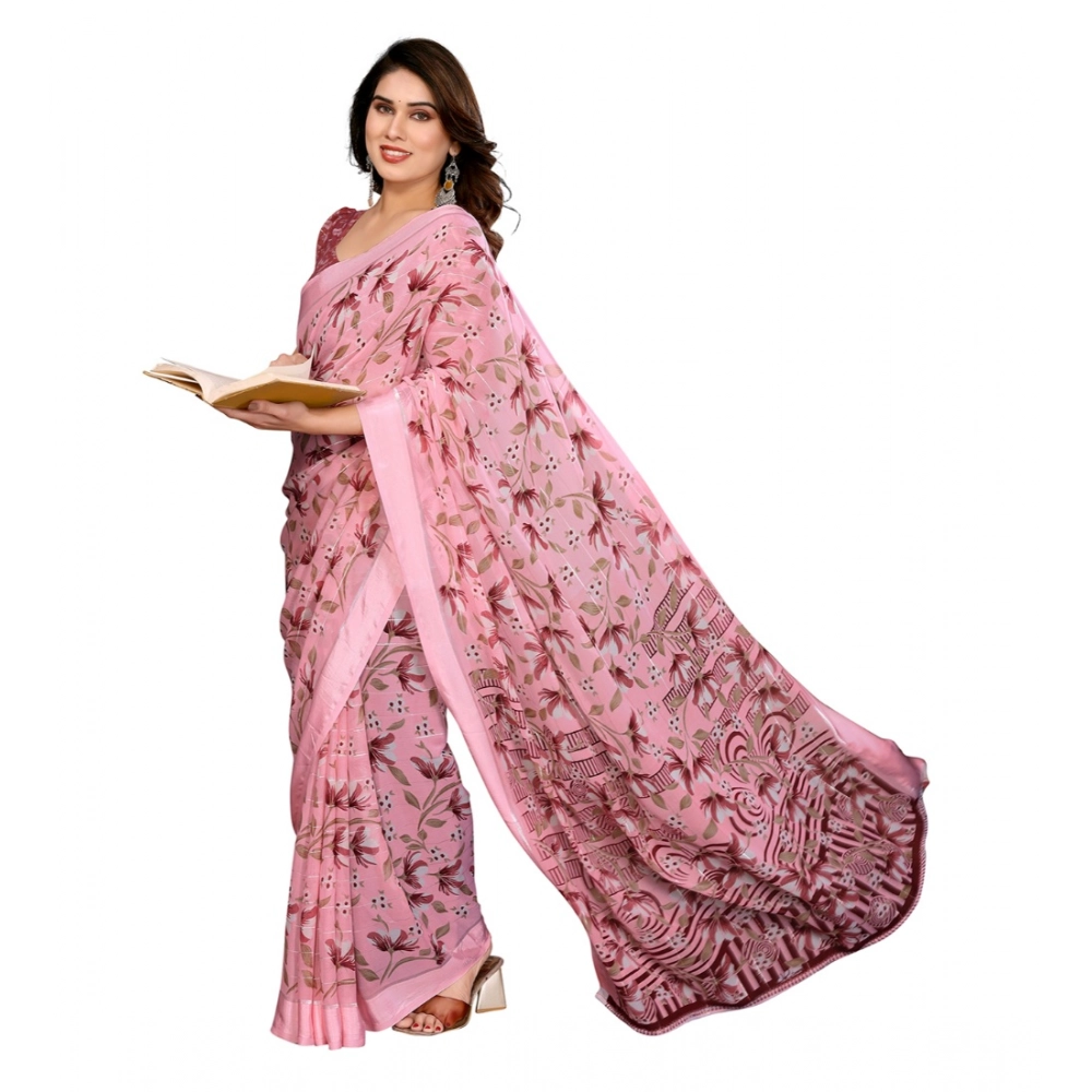 Generic Women's Georgette Printed Saree With Unstitched Blouse 5.5Mtr (Pink) - Image 2
