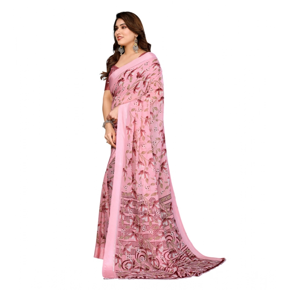 Generic Women's Georgette Printed Saree With Unstitched Blouse 5.5Mtr (Pink) - Image 4