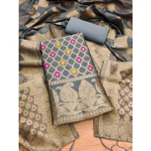 Generic Women's Banarasi Silk Printed Unstitched Salwar Suit Material With Dupatta (Grey, 3Mtrs)