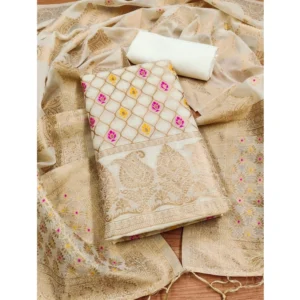 Generic Women's Banarasi Silk Printed Unstitched Salwar Suit Material With Dupatta (White, 3Mtrs)