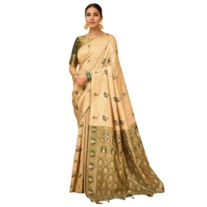 Generic Women's Silk Blend Woven Paithani Saree With Unstitched Blouse 5.5Mtr (Cream)