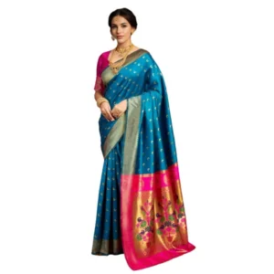 Generic Women's Silk Blend Zari Woven Saree With Unstitched Blouse 5.5Mtr (Aqua)
