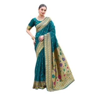 Generic Women's Silk Blend Paithani Weaving Saree With Unstitched Blouse 5.5Mtr (Teal)
