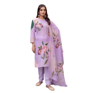 Generic Women's Cotton Blend Printed Kurti With Pant Dupatta Set (Lavender)