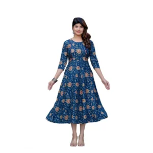 Generic Women's Rayon Print With Embroidery Work A-Line Kurti (Navy Blue)