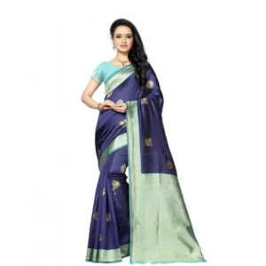 Generic Women's Soft Lichi Silk Printed Saree With Unstitched Blouse 5.5Mtr (Navy Blue)