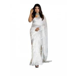 Generic Women's Soft Lichi Silk Printed Saree With Unstitched Blouse 5.5Mtr (White)