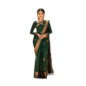 Generic Women's Soft Lichi Silk Printed Saree With Unstitched Blouse 5.5Mtr (Green)