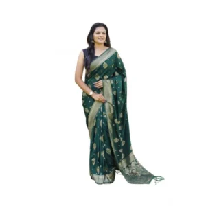 Generic Women's Soft Lichi Silk Printed Saree With Unstitched Blouse 5.5Mtr (Bottle-Green)