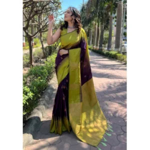 Generic Women's Soft Lichi Silk Printed Saree With Unstitched Blouse 5.5Mtr (Purple)