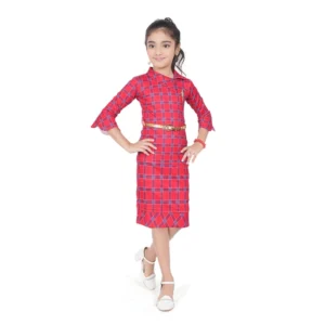 Generic Girl's Knitted Printed 3/4 th Sleeve Close Neck Dress (Pink)