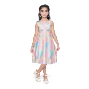 Generic Girl's Satin Soild Sleeve Less Designer Neck Dress (Multicolor)