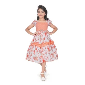 Generic Girl's Twill Printed Short Sleeve Squre Neck Dress (Red)