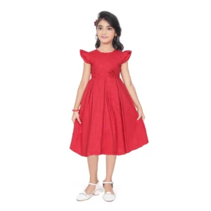 Generic Girl's Rayon Soild Short Sleeve Round Neck Dress (Red)