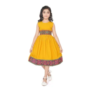 Generic Girl's Shiffon Printed Sleeve Less Round Neck Dress (Mustard Yellow)