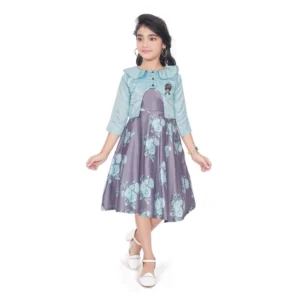 Generic Girl's Satin Printed Sleeve Less Round Neck Dress (Sea Green)