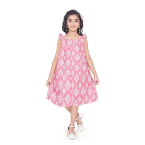 Generic Girl's Cotton Printed Sleeve Less Squre Neck Dress (Pink)