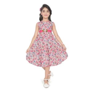 Generic Girl's Digital Chicken Printed Sleeve Less Round Neck Dress (Pink)