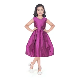 Generic Girl's Taffeta Silk Soild Sleeve Less Round Neck Dress (Purple)